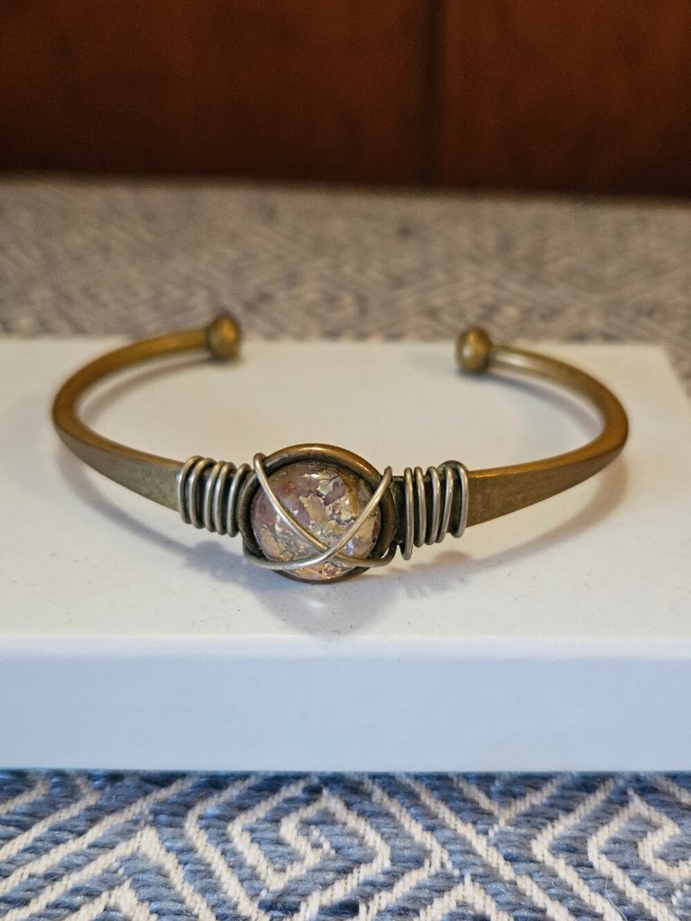 Vintage Artisan Brass Cuff Bracelet with Speckled Stone